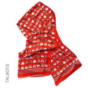 TALBOTS LONG LENGTH SCARF WRAP MINI ICELANDIC SWEATER DESIGN ORANGE BRAID TRIM
